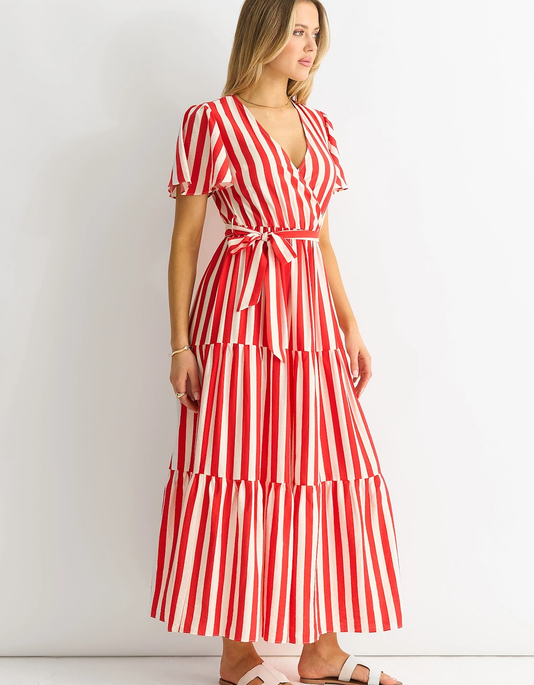 Red Stripe Wrap Belted Viscose Midi Dress