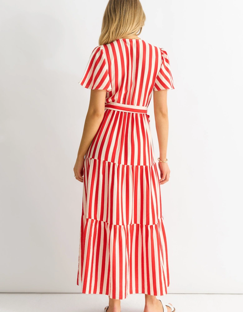 Red Stripe Wrap Belted Viscose Midi Dress