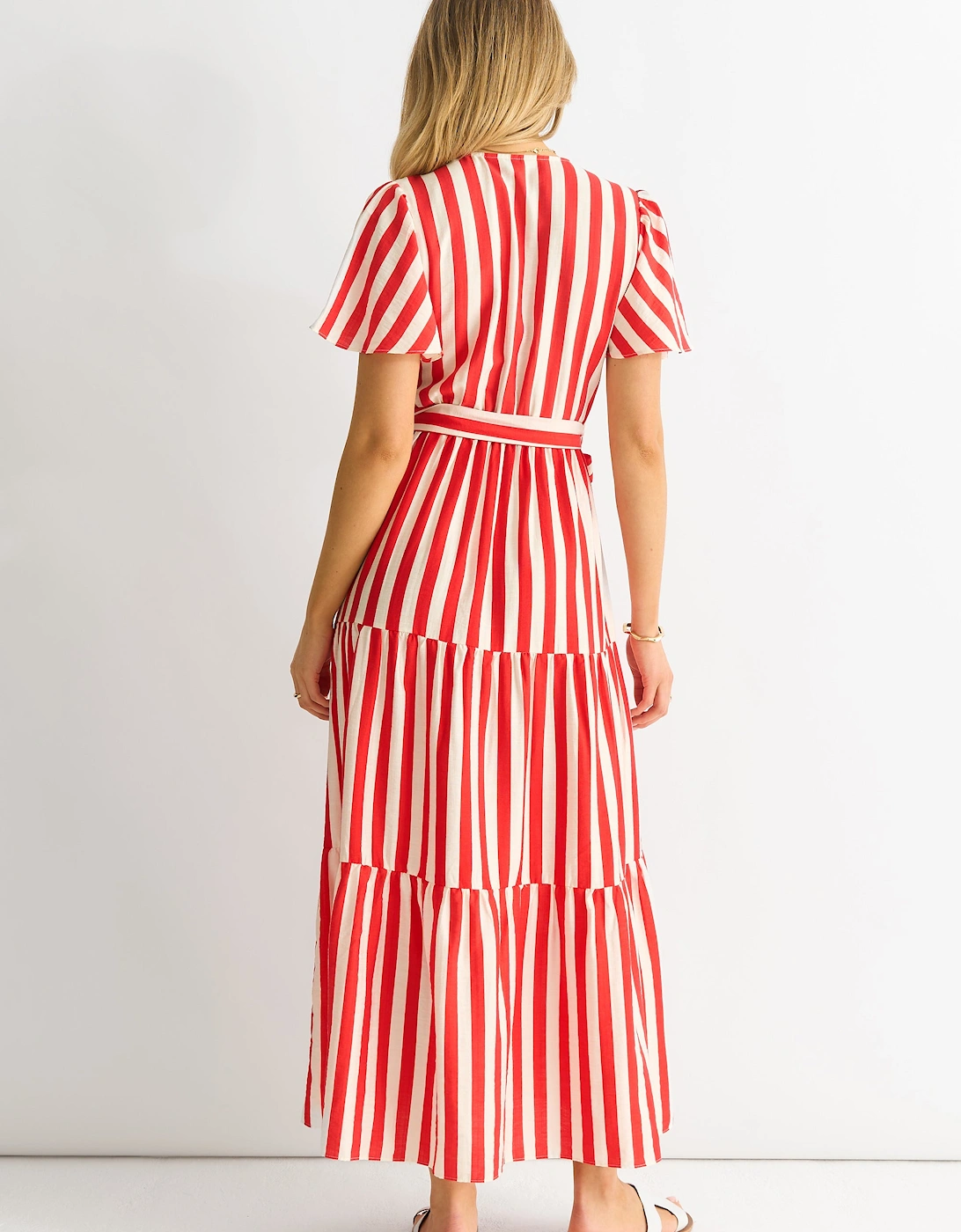 Red Stripe Wrap Belted Viscose Midi Dress