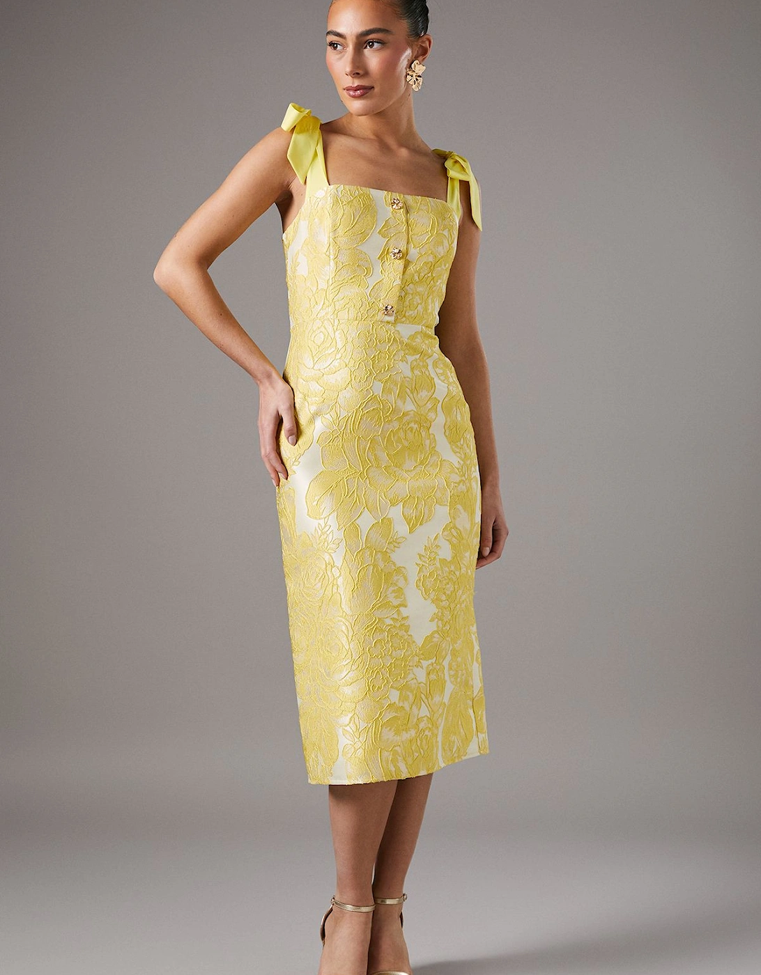 Jacquard Tie Shoulder Button Through Pencil Midi Dress, 5 of 4