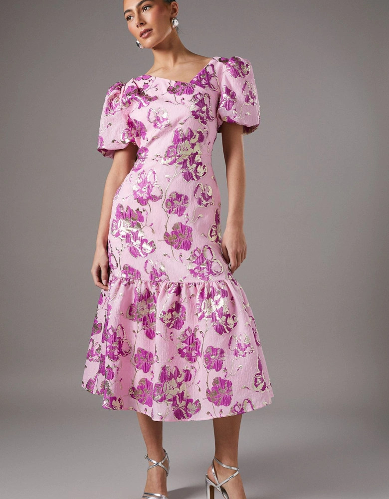 Pink Metallic Floral Jacquard Dress