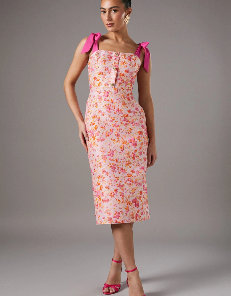 Ditsy Floral Jacquard Dress With Shoulder Ties