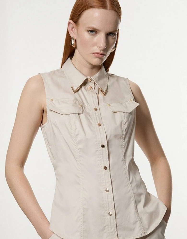 Cotton Sateen Utility Detail Woven Blouse With Gold Hardware