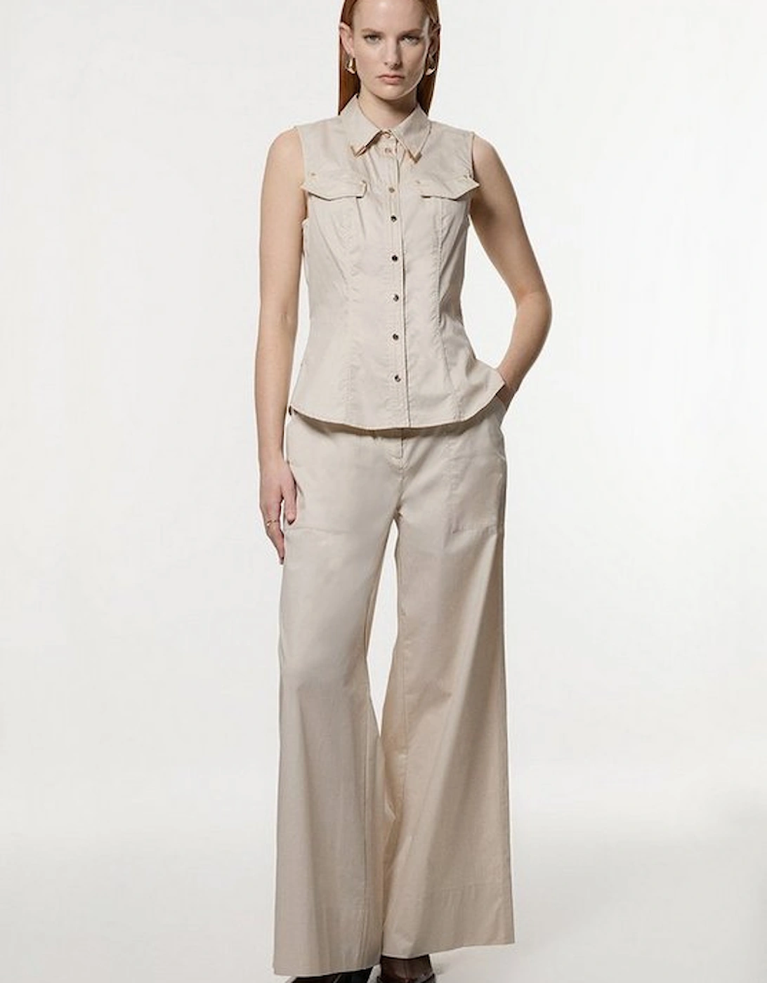 Cotton Sateen Utility Detail Woven Blouse With Gold Hardware