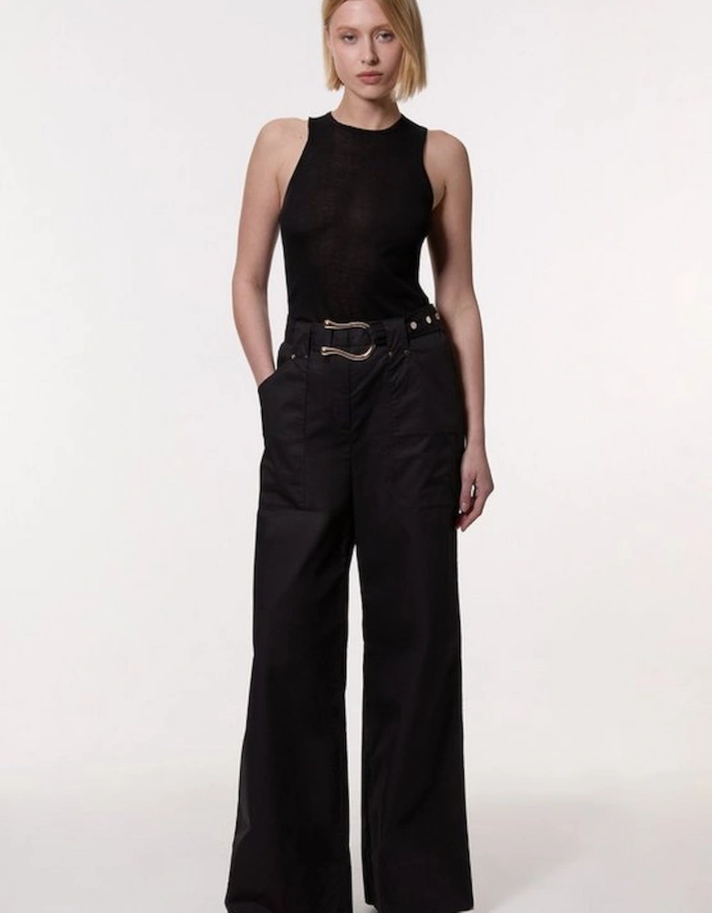 Cotton Sateen Utility Detail Belted Trouser With Gold Hardware Detail