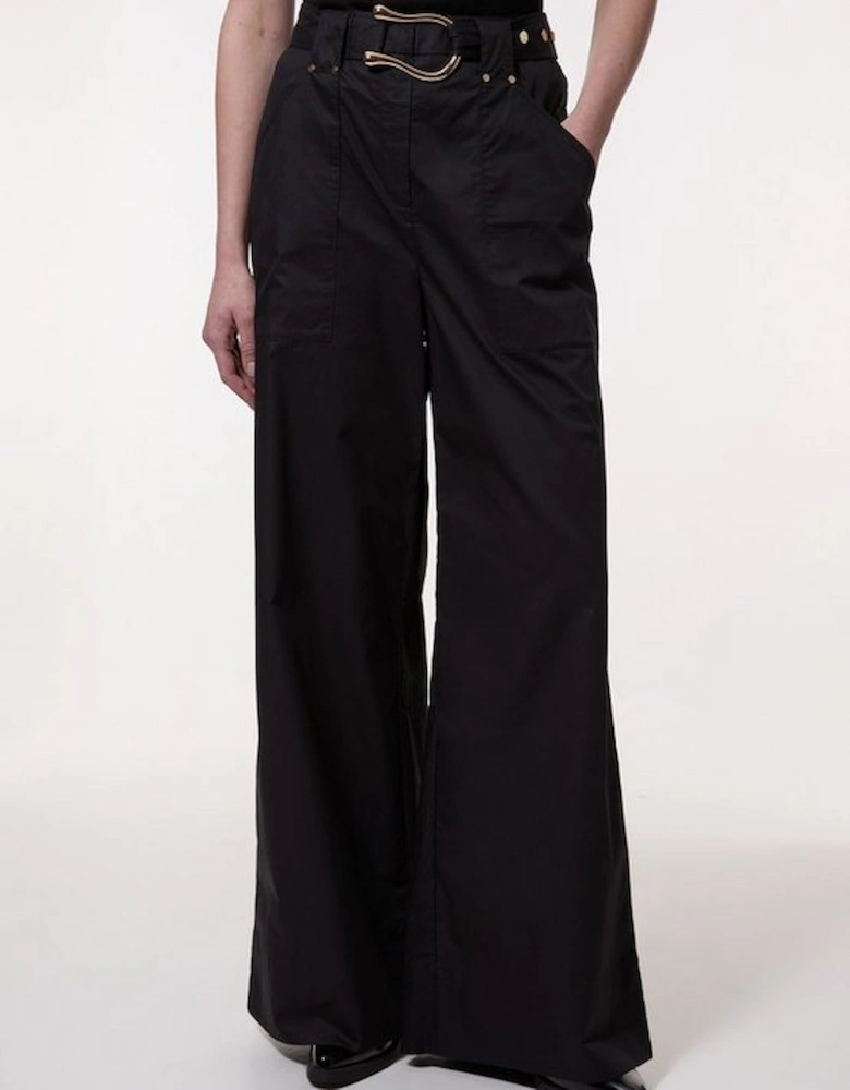 Cotton Sateen Utility Detail Belted Trouser With Gold Hardware Detail