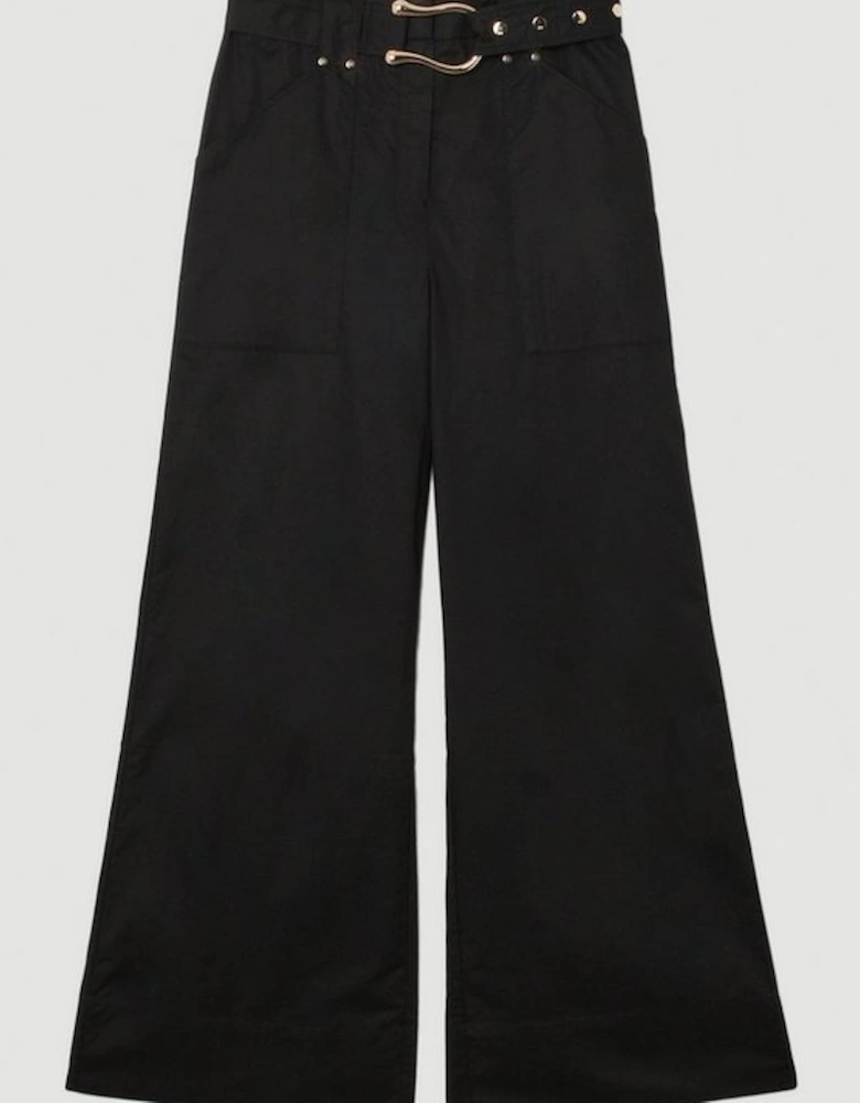 Cotton Sateen Utility Detail Belted Trouser With Gold Hardware Detail