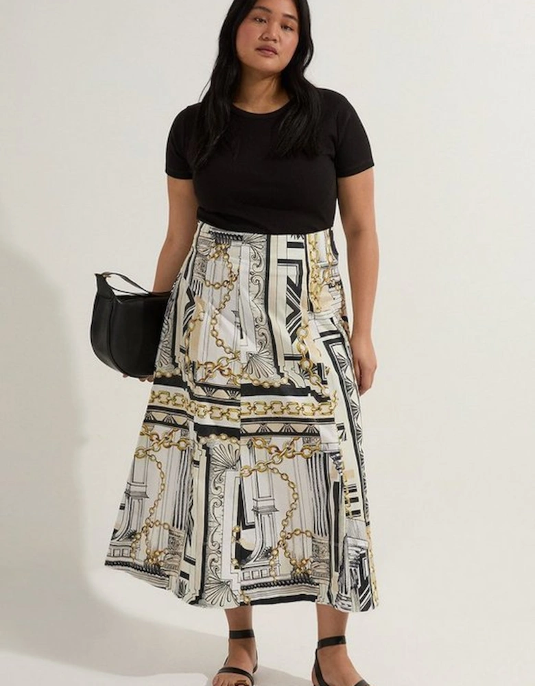 Plus Size Roma Print Cotton Sateen Woven Drama Midi Skirt