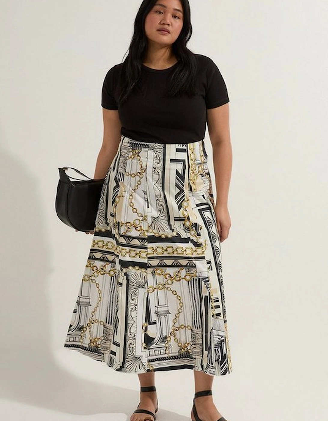 Plus Size Roma Print Cotton Sateen Woven Drama Midi Skirt, 4 of 3