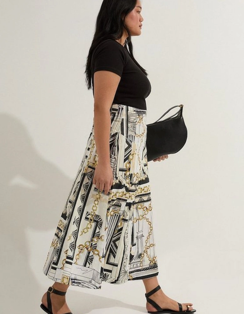 Plus Size Roma Print Cotton Sateen Woven Drama Midi Skirt