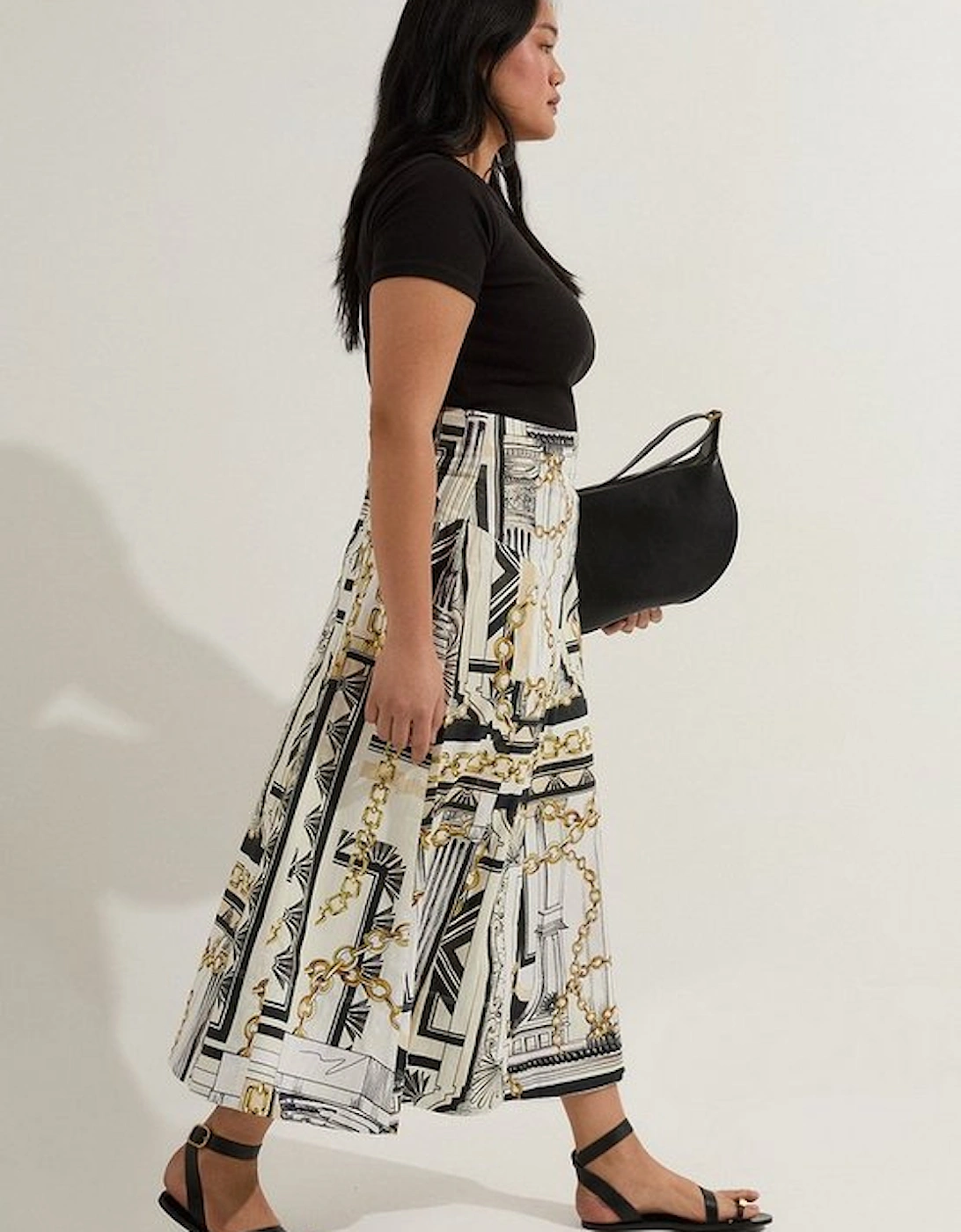 Plus Size Roma Print Cotton Sateen Woven Drama Midi Skirt