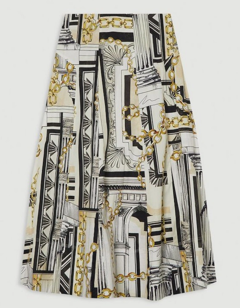 Roma Print Cotton Sateen Woven Drama Midi Skirt