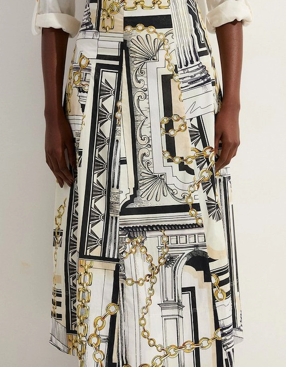 Roma Print Cotton Sateen Woven Drama Midi Skirt