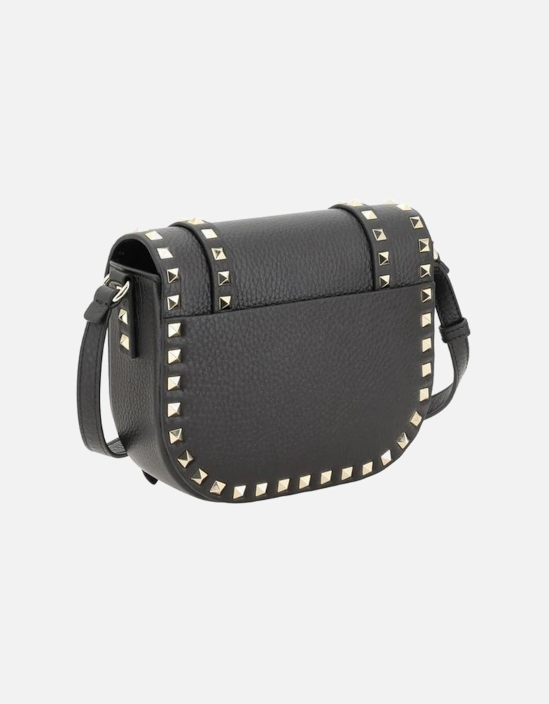 Leather Shoulder Bag with Buckled Flap and Rockstuds Women - Black