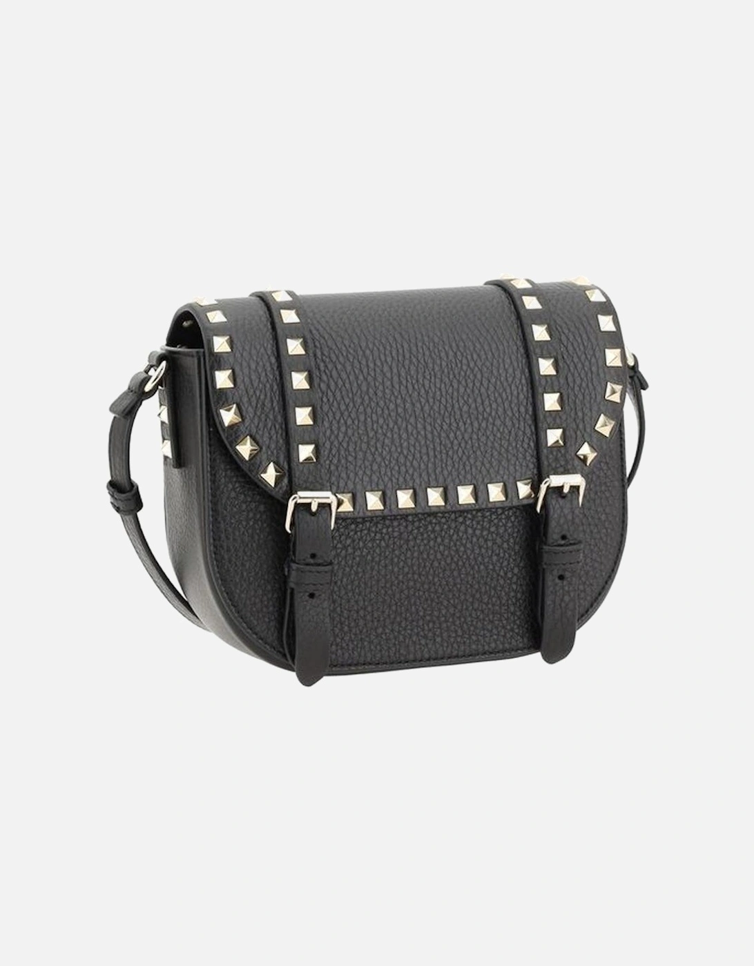 Leather Shoulder Bag with Buckled Flap and Rockstuds Women - Black