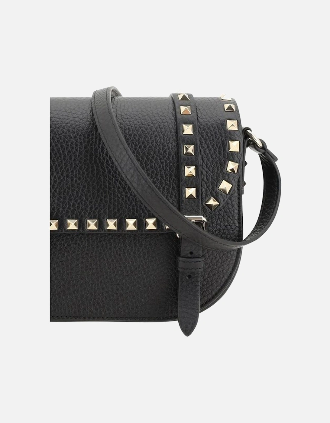 Leather Shoulder Bag with Buckled Flap and Rockstuds Women - Black