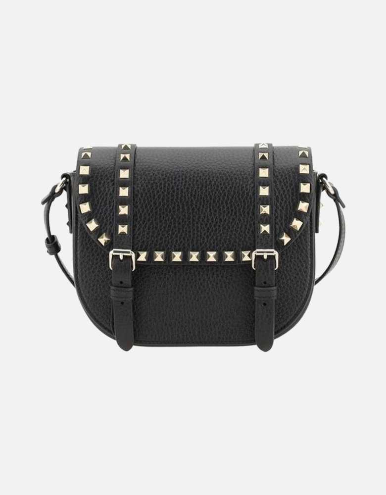 Leather Shoulder Bag with Buckled Flap and Rockstuds Women - Black