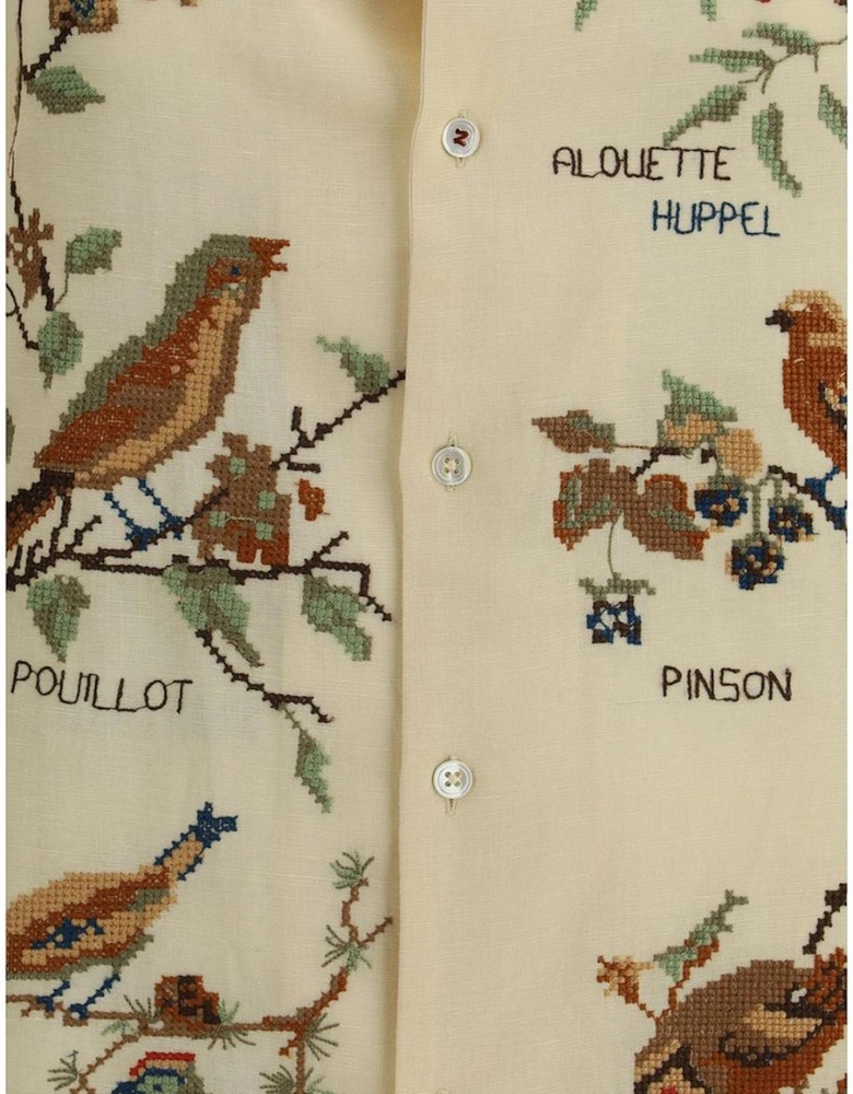 Embroidered Bird Cross-Stitch Avian Shirt Women - Yellow