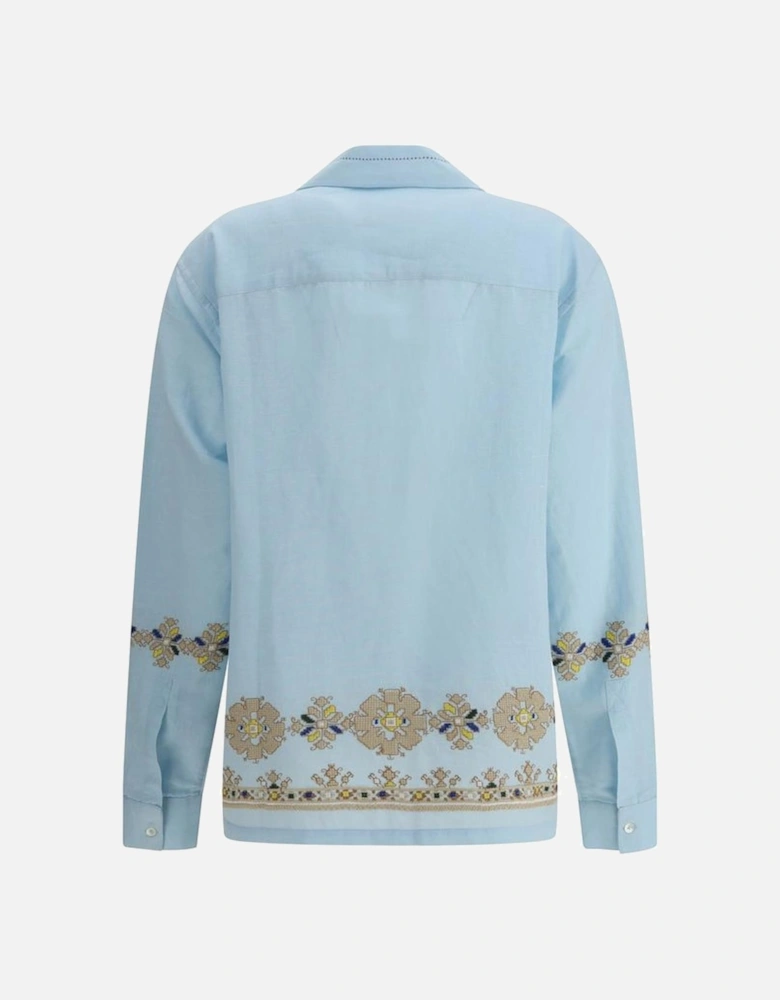 Elegant Floral Embroidered Shirt with Patch Pockets Women - Light Blue