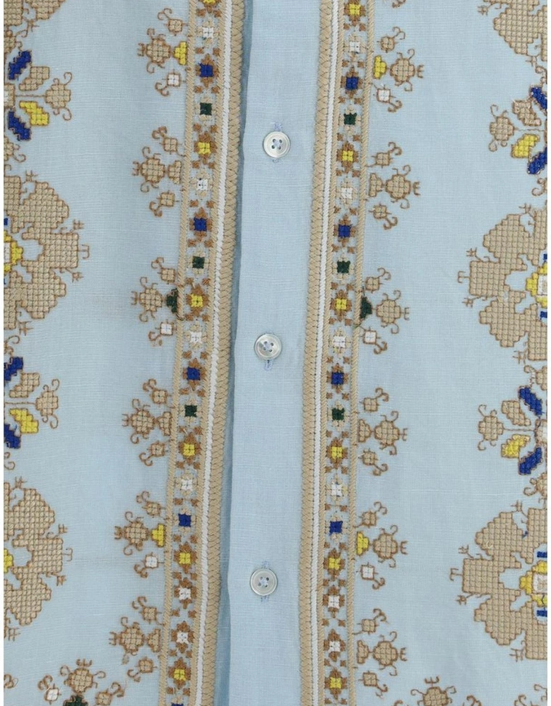 Elegant Floral Embroidered Shirt with Patch Pockets Women - Light Blue