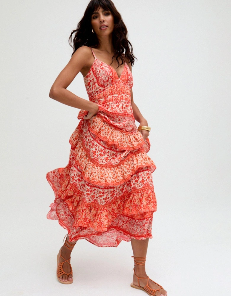 Feifei Ruffle Tiered Floral Printed Maxi Dress In Orange