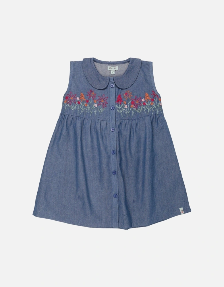 Girls Floral Embroidered Chambray Collar Dress - Blue Denim