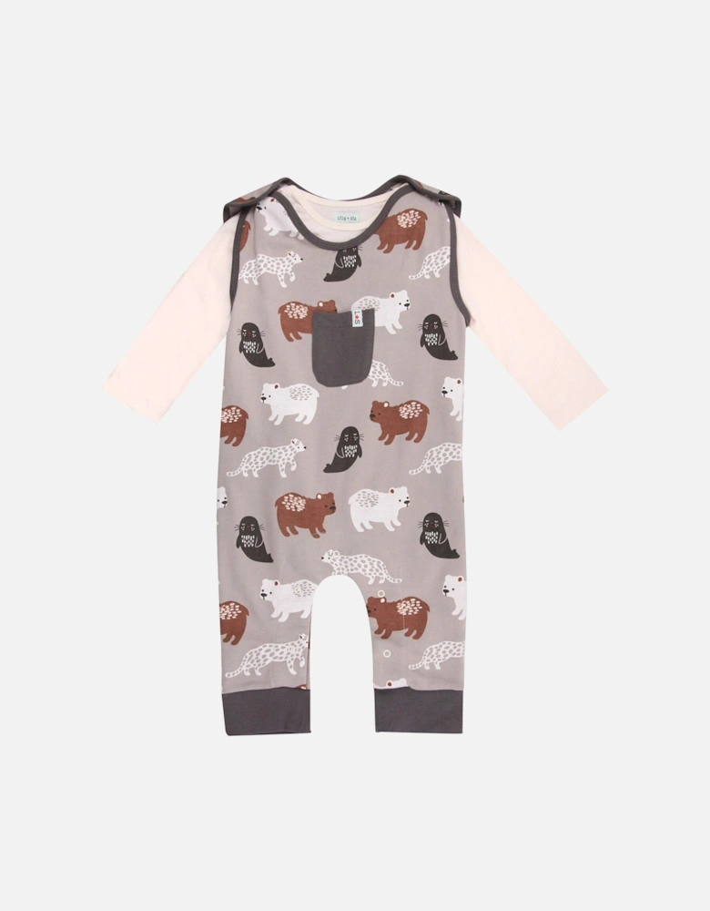 Baby Boys Animals Print Dungaree & Top Set - Grey