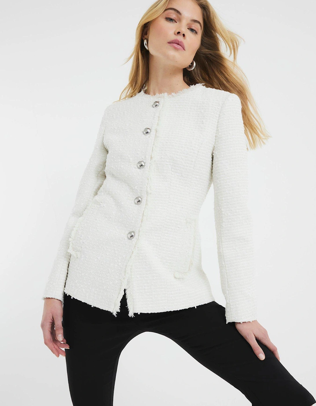 Collarless Boucle Jacket - Cream, 2 of 1