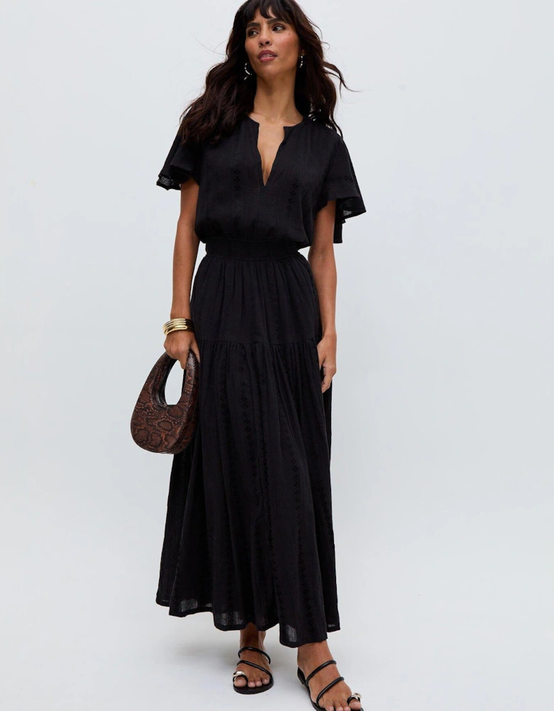 Candice Flutter Sleeve Jacquard Maxi Dress - Black