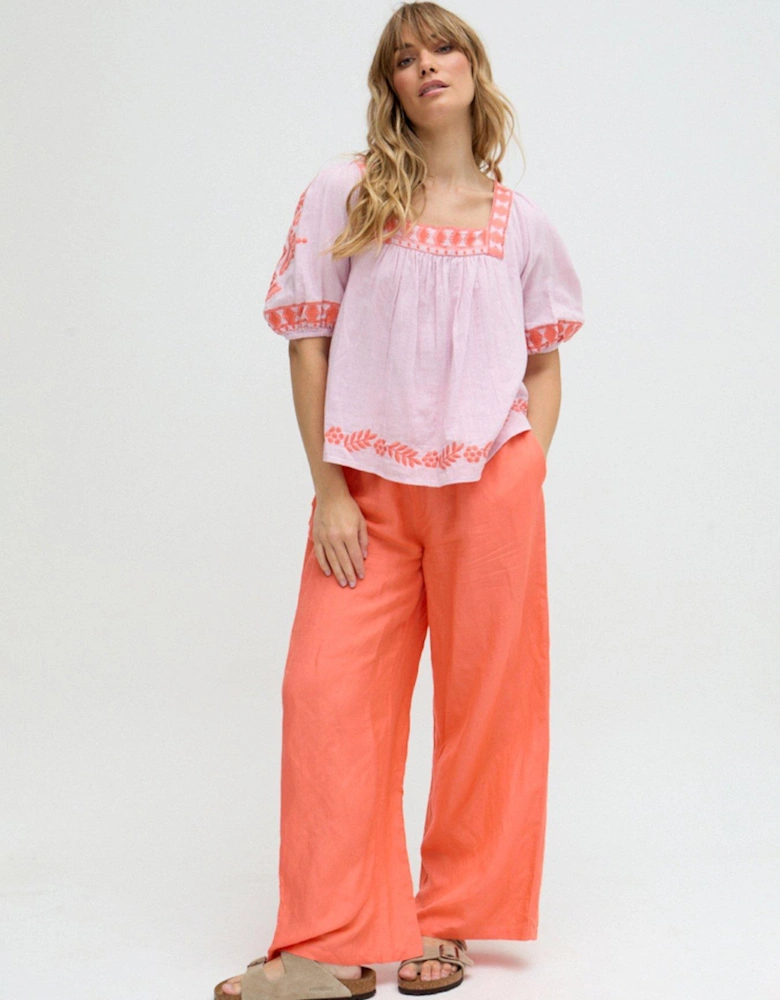 Clara Square Neck Embroidered Blouse In Pink