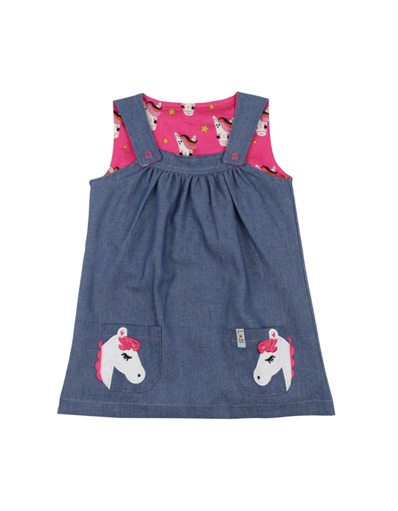 Baby Girls Horse & Denim Reversible Pinafore Dress - Blue