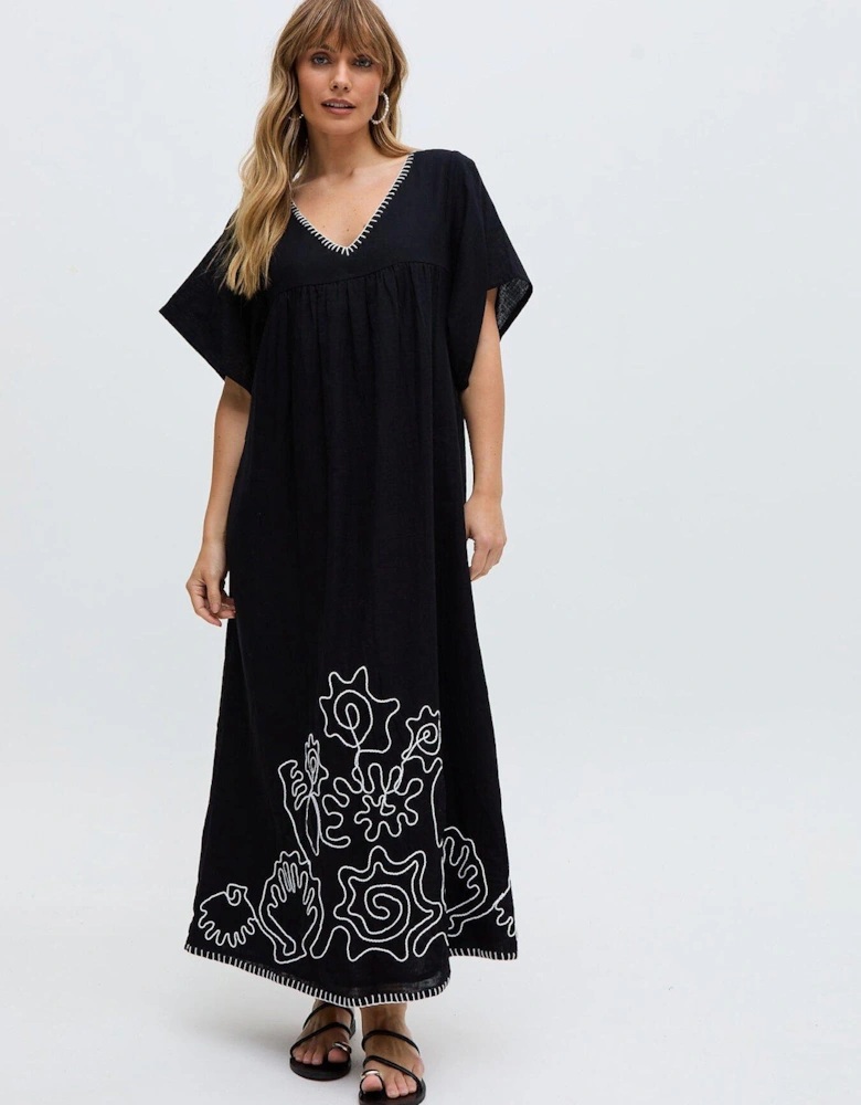 Candy Tabard Embroidered Hem Midi Dress In Black