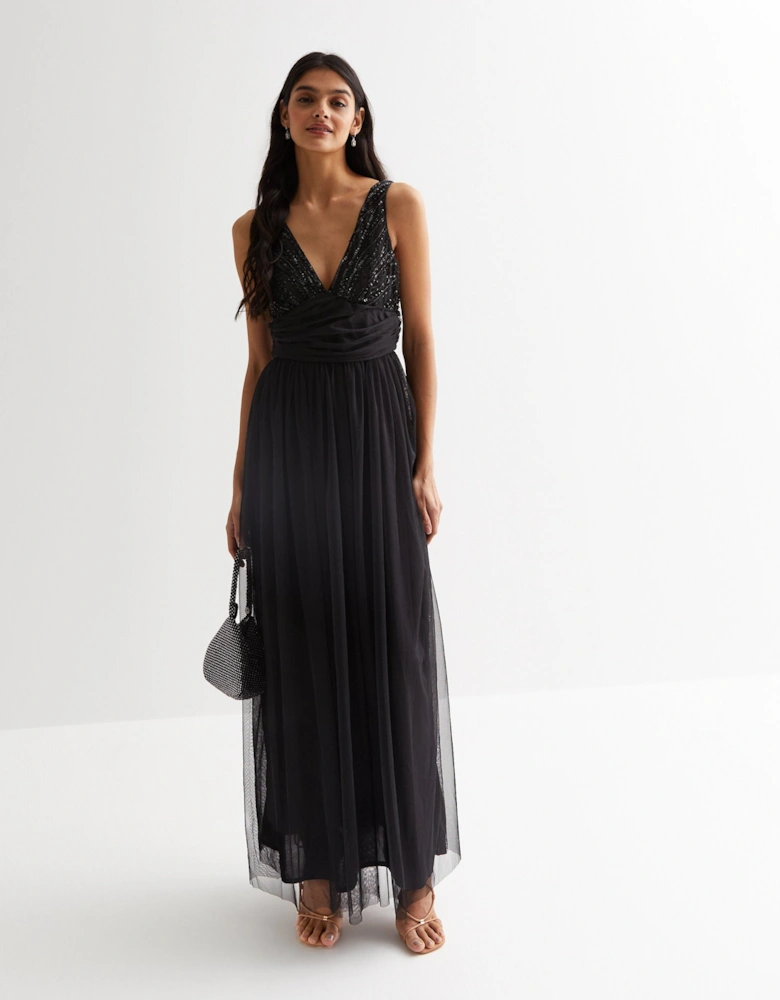 Black V neck Beaded Maxi Dress