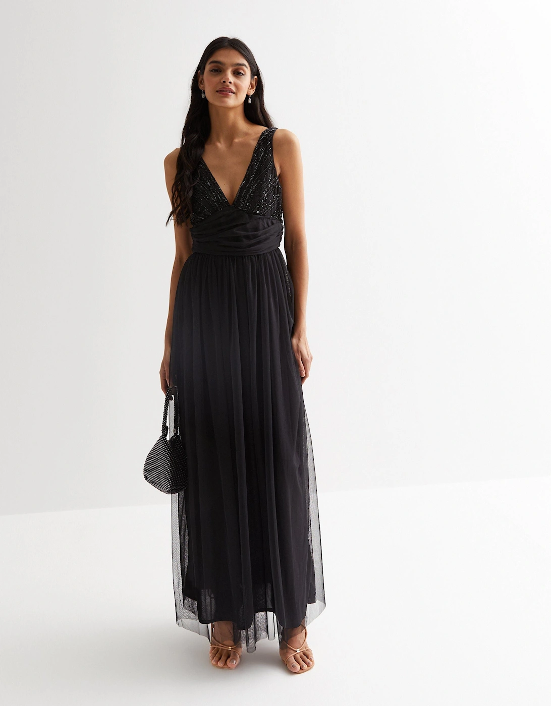 Black V neck Beaded Maxi Dress