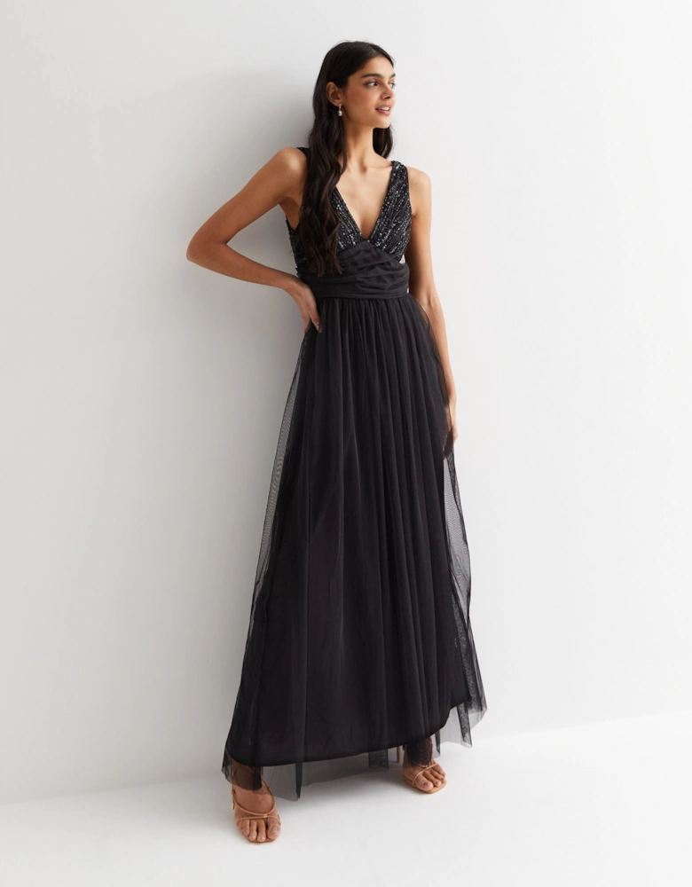 Black V neck Beaded Maxi Dress