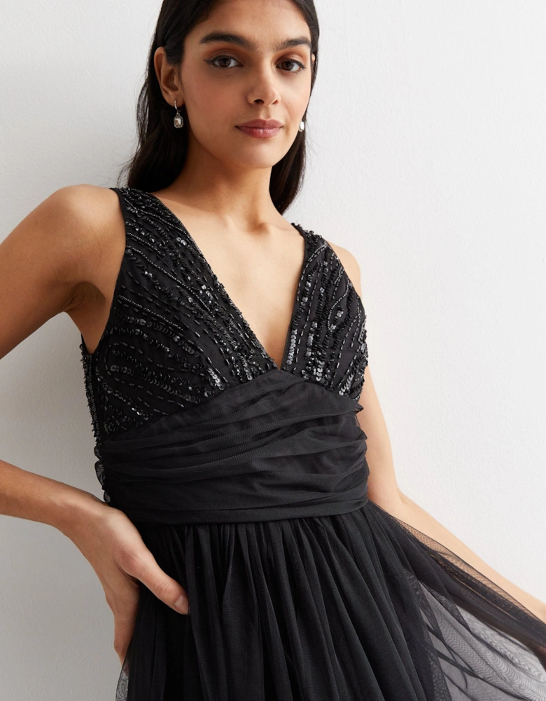 Black V neck Beaded Maxi Dress