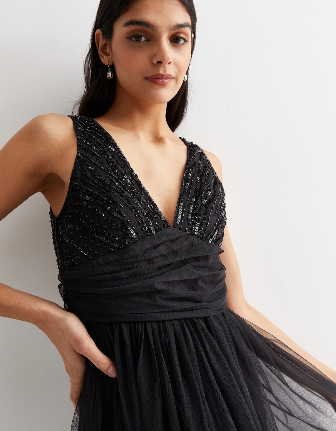 Black V neck Beaded Maxi Dress