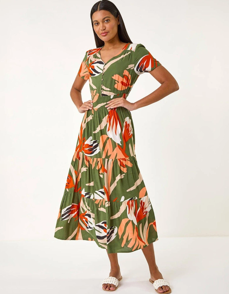 Leaf Print Tiered Maxi Dress - Khaki