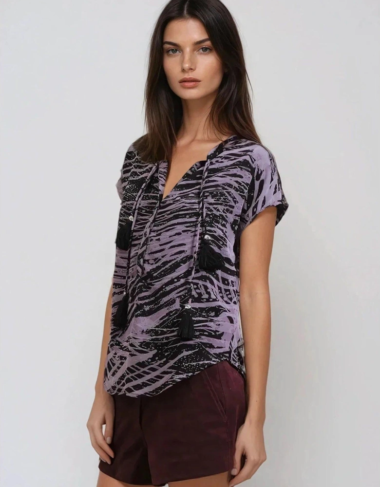 Diamond Cap Sleeve Tassel Décor Shirt - Purple