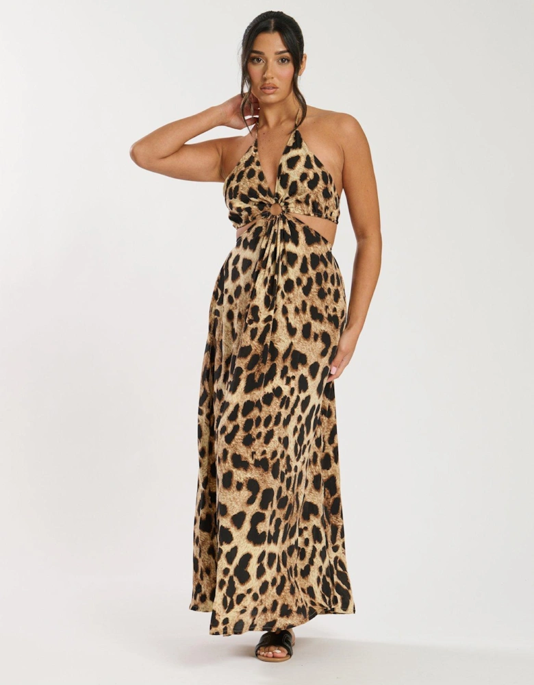 Printed Animal Halter neck Ring Detail Beach Maxi Dress