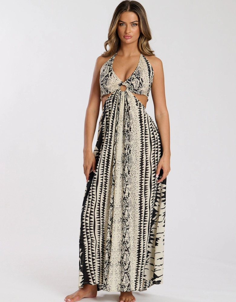 Printed Halter neck Ring Detail Beach Maxi Dress