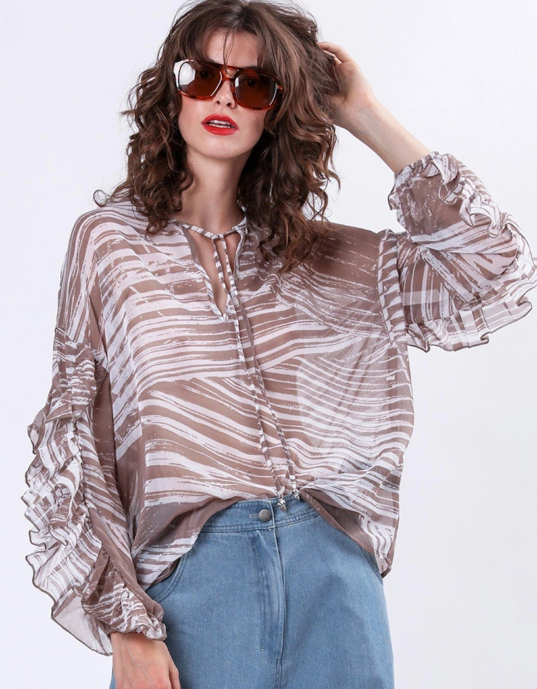 Callisto Frill Long Sleeve Oversized Blouse - Beige