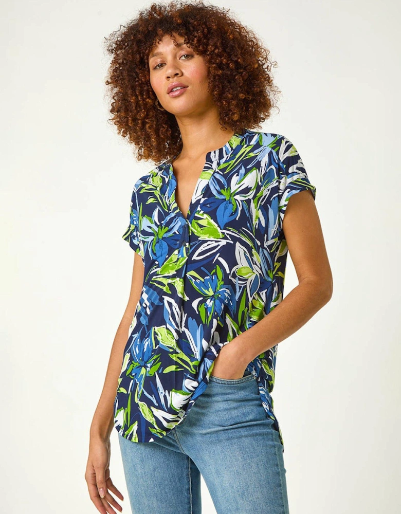 Textured Leaf Print V-neck Stretch Top - Blue