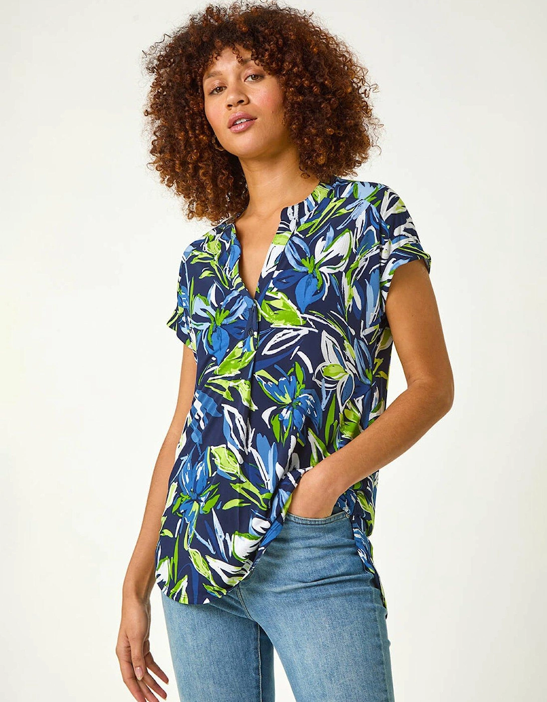 Textured Leaf Print V-neck Stretch Top - Blue, 2 of 1