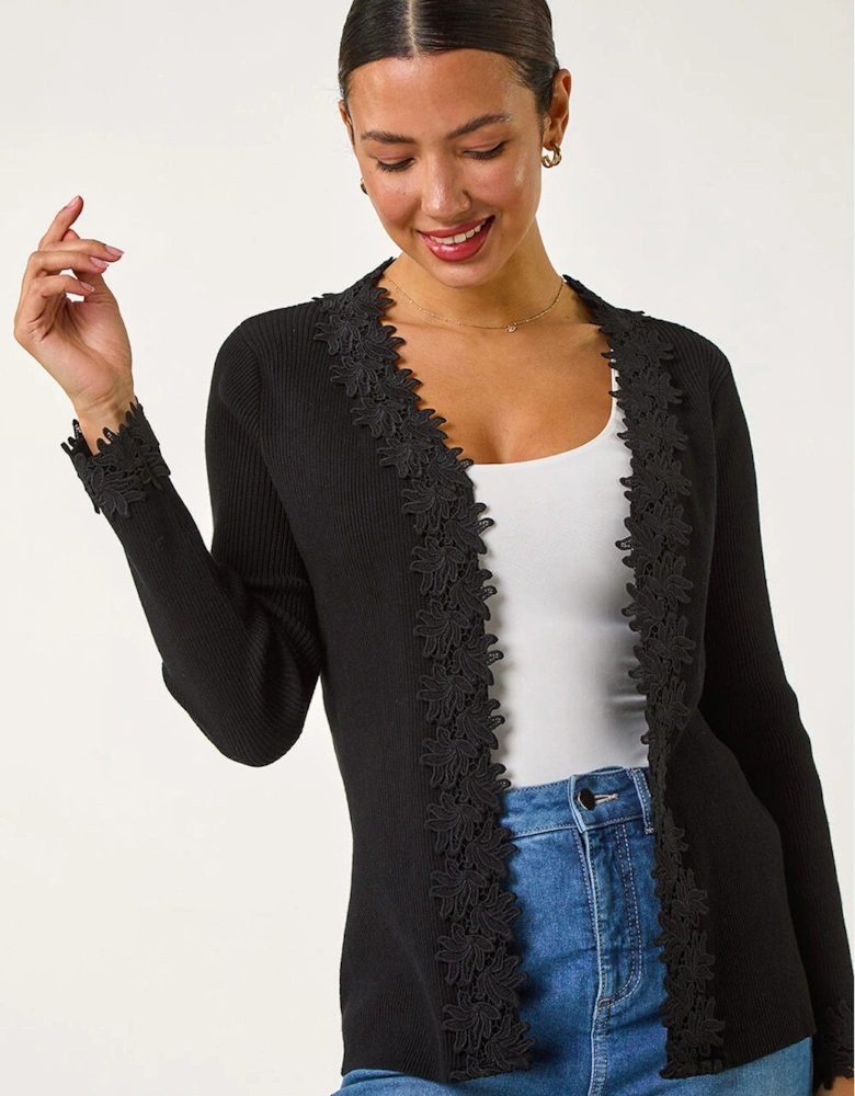 Lace Trim Knit Cardigan - Black