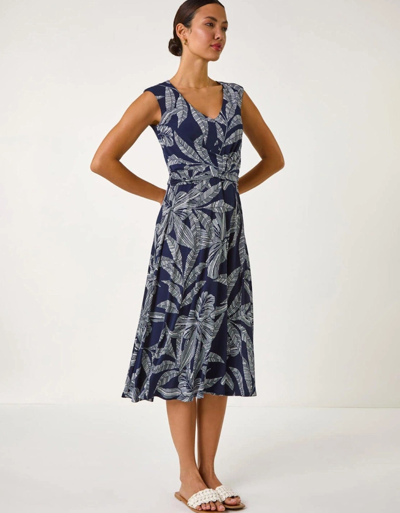 Leaf Print Twist Front Stretch Dress - Navy