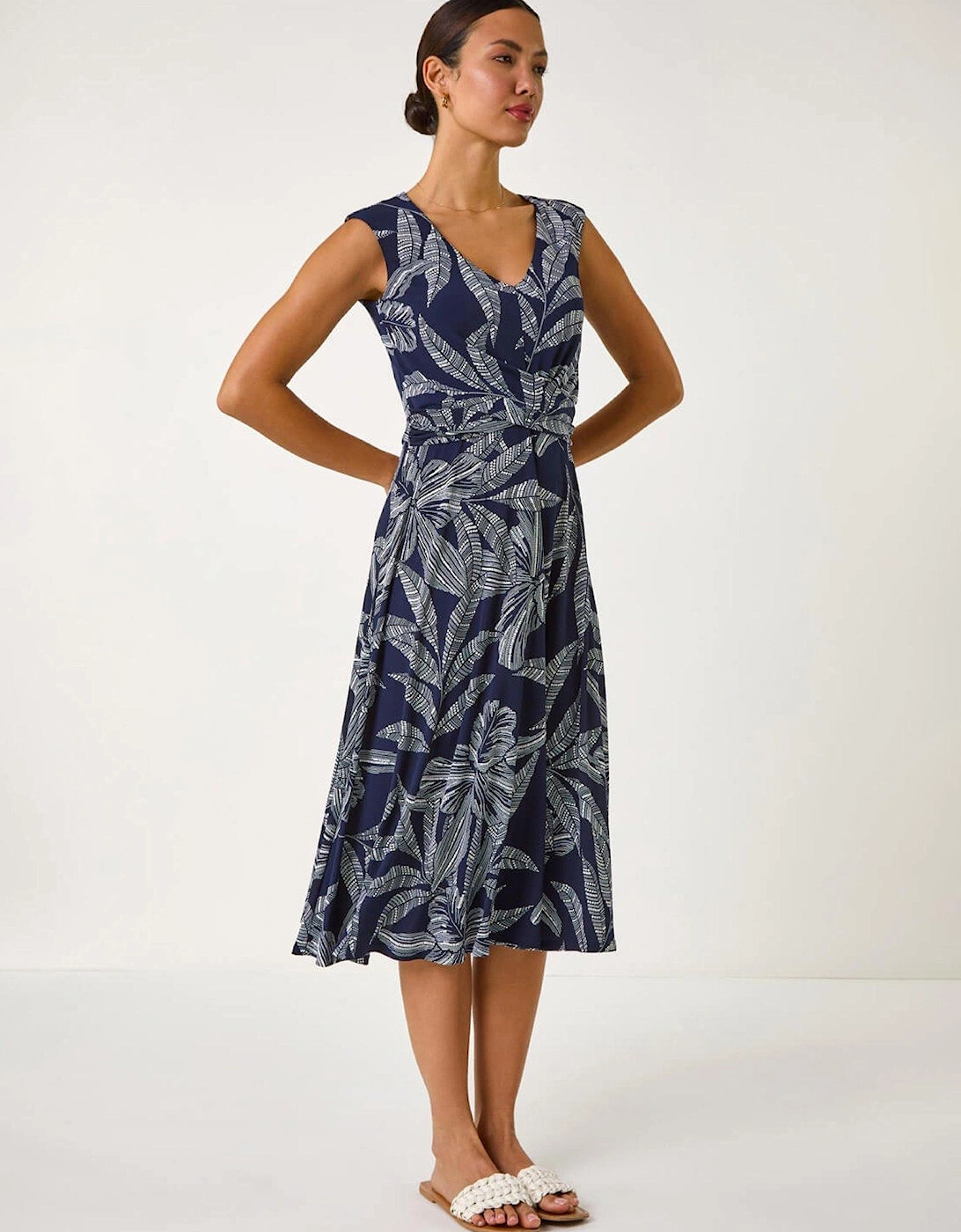 Leaf Print Twist Front Stretch Dress - Navy, 2 of 1