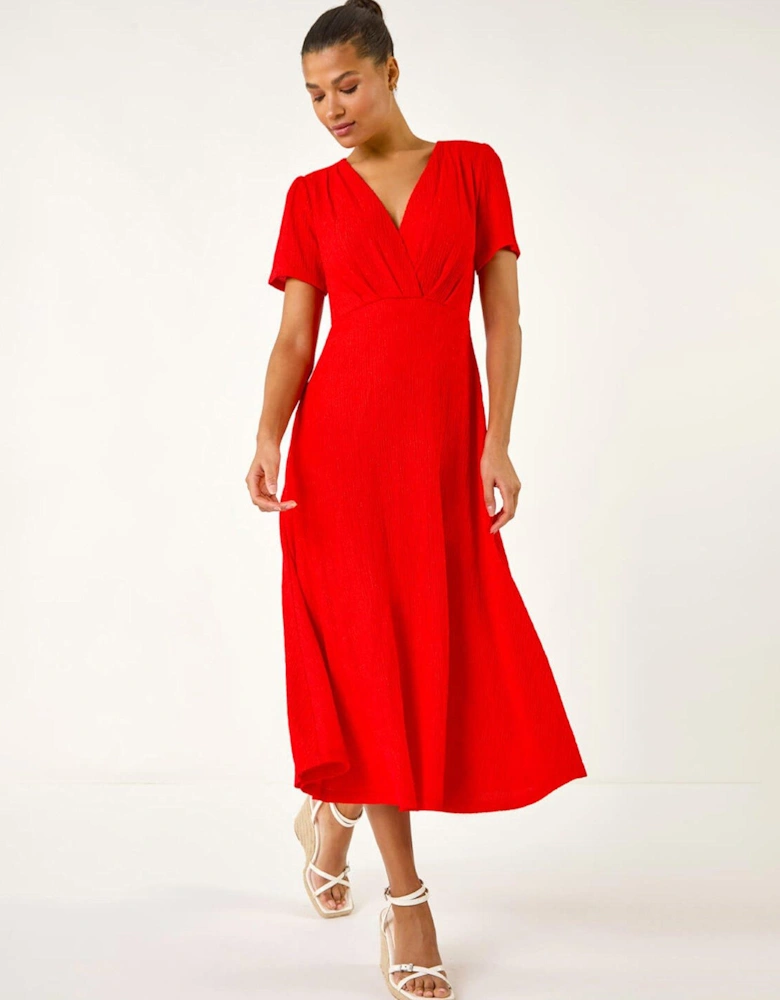 Textured Wrap Bodice Midi Dress - Red