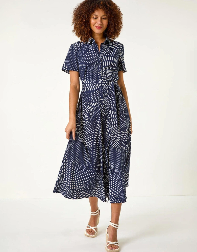 Spot Print Shirt Midi Dress - Navy