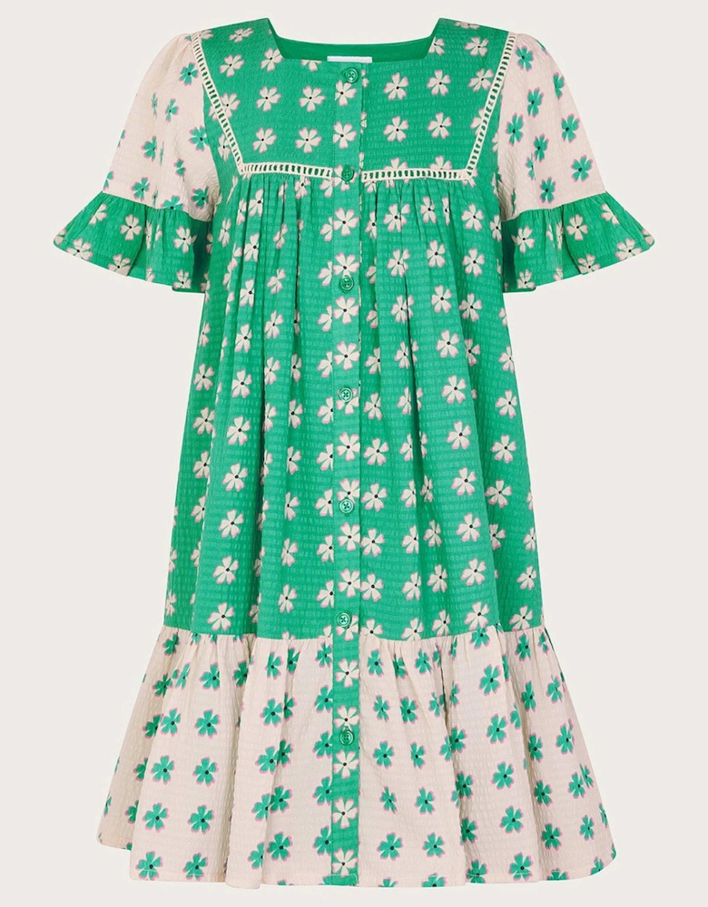 Girls Floral Colourblock Swing Dress - Green